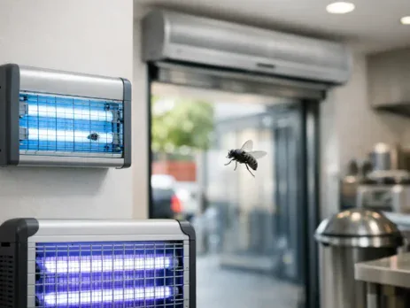 Electric fly killers and a fly screen door in a commercial kitchen