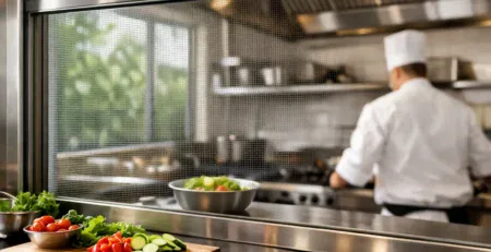 Chef preparing food behind a window fly screen in a commercial kitchen