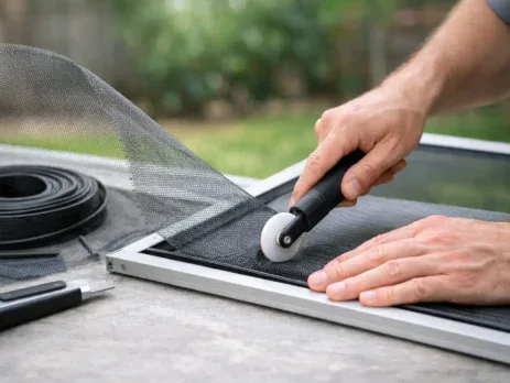 Spline roller pressing new mesh into a fly screen frame