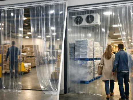 Clear PVC strip curtain across a warehouse doorway